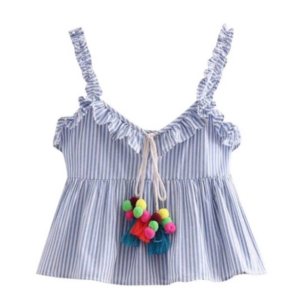 NWT Zara TRF Stripe Top Pom Poms Sz S